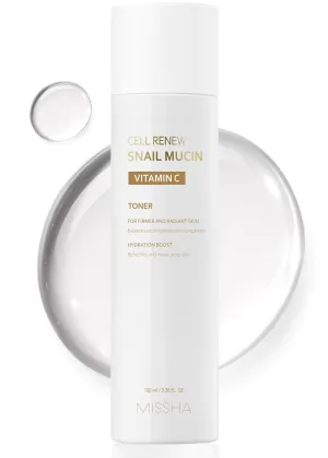 MISSHA Cell Renew Snail Mucin Vitamin C Toner 5.07 Fl oz - Korean Skincare Facial Toner for Glass Skin, 90% Snail Mucin Vita Complex, Deep Hydration, Improves Skin Texture, Paraben Free