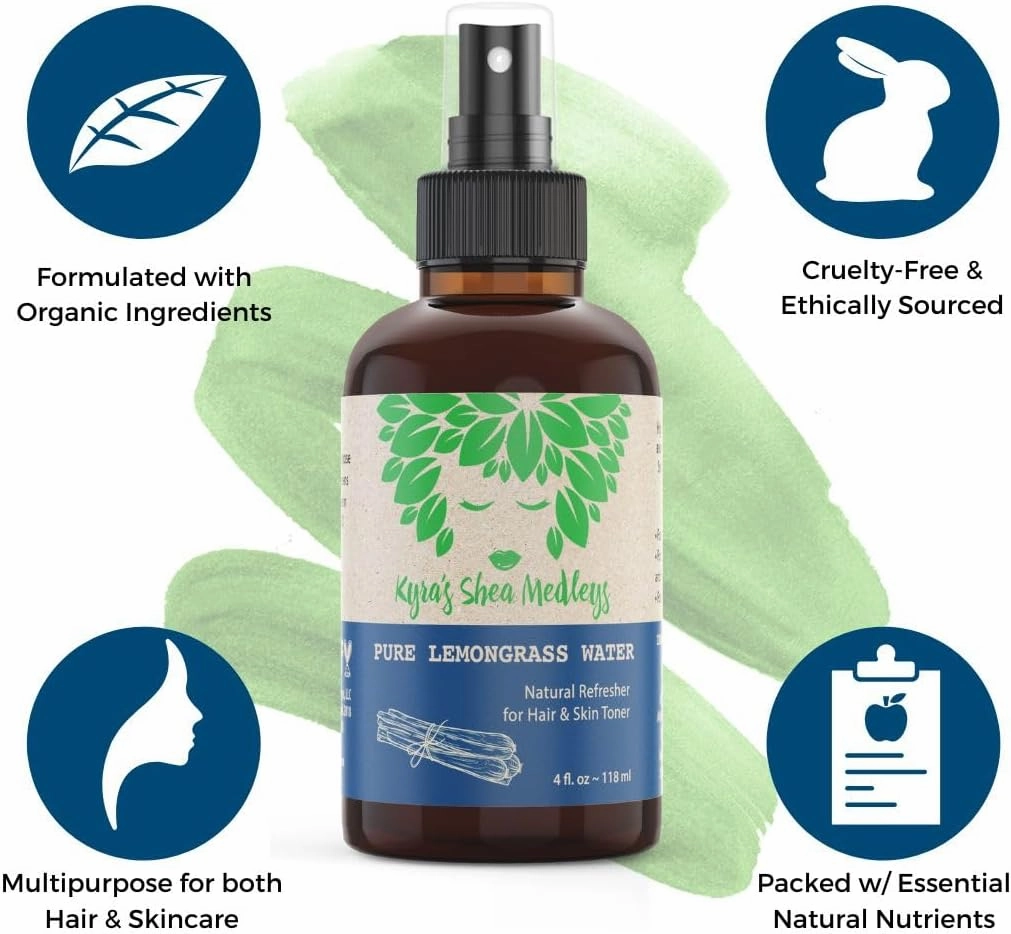 Multiuse Lemongrass Water Toner Mist for Face, Body, and Hair - Pure Distilled Lemograss Water Spray - Soothes and Hydrates Skin, Scalp, Hair, & Nails - 4 oz