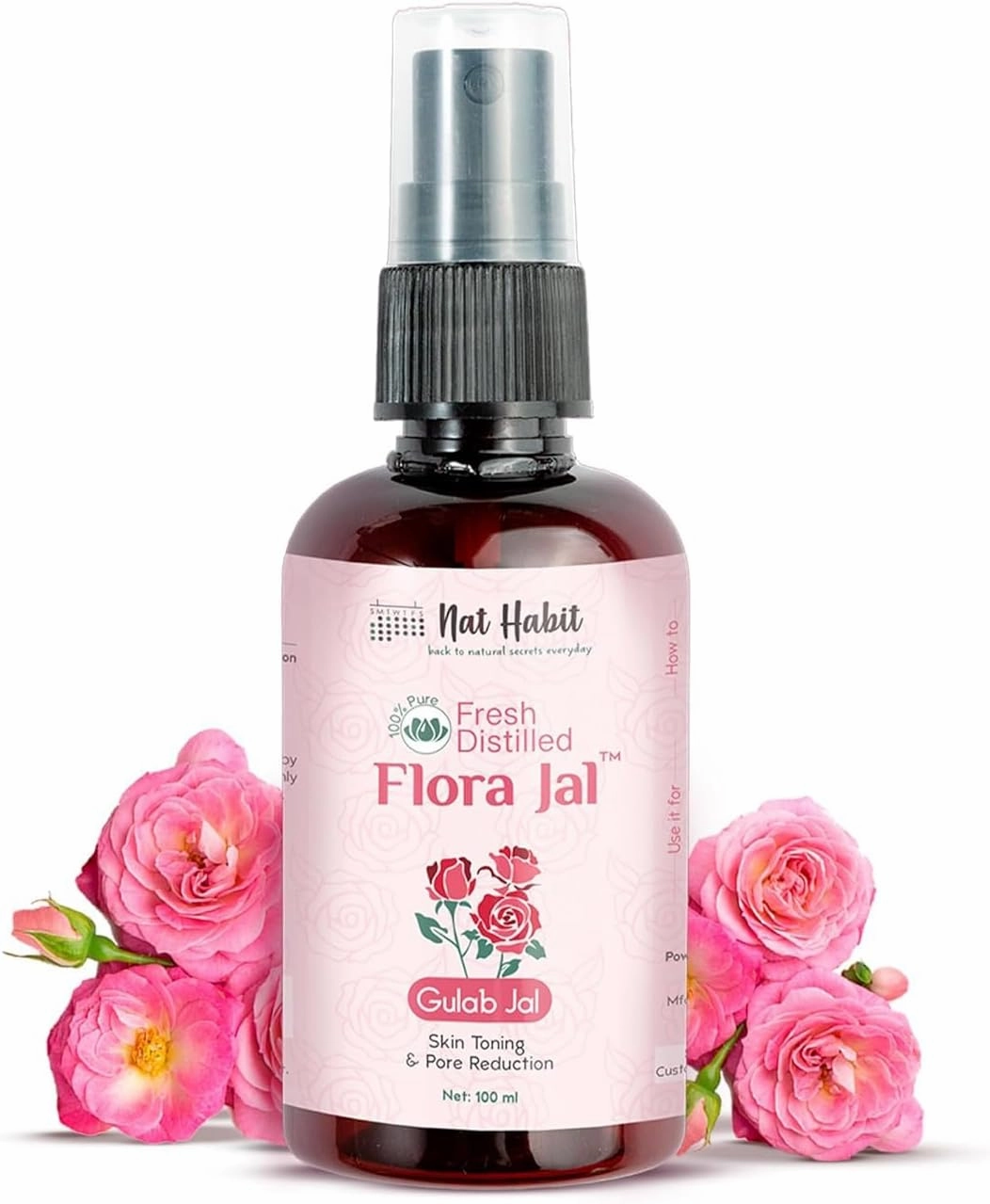 NAT Habit 100% Pure Gulab Jal - Rose Water - Toner, Face-Mist, Astringent & Face Spray - Ayurvedic, Steam-Distilled for Oil-Control, Skin Hydration (Pack of 1, 100 ml)
