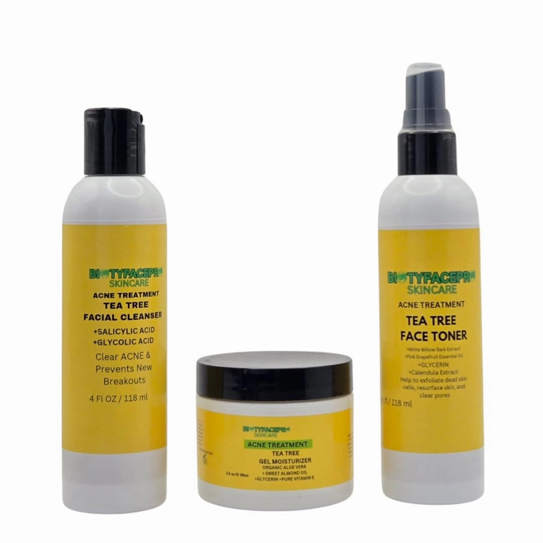 NATURAL Organic Aloe Vera,Acne Treatment KIT 3-Piece TEA TREE Facial CLEANSER (4oz) 118ml , Face TONER (4oz) 118ml , Face MOISTURIZER( 3.2oz) Prevents Clear Clogged pores