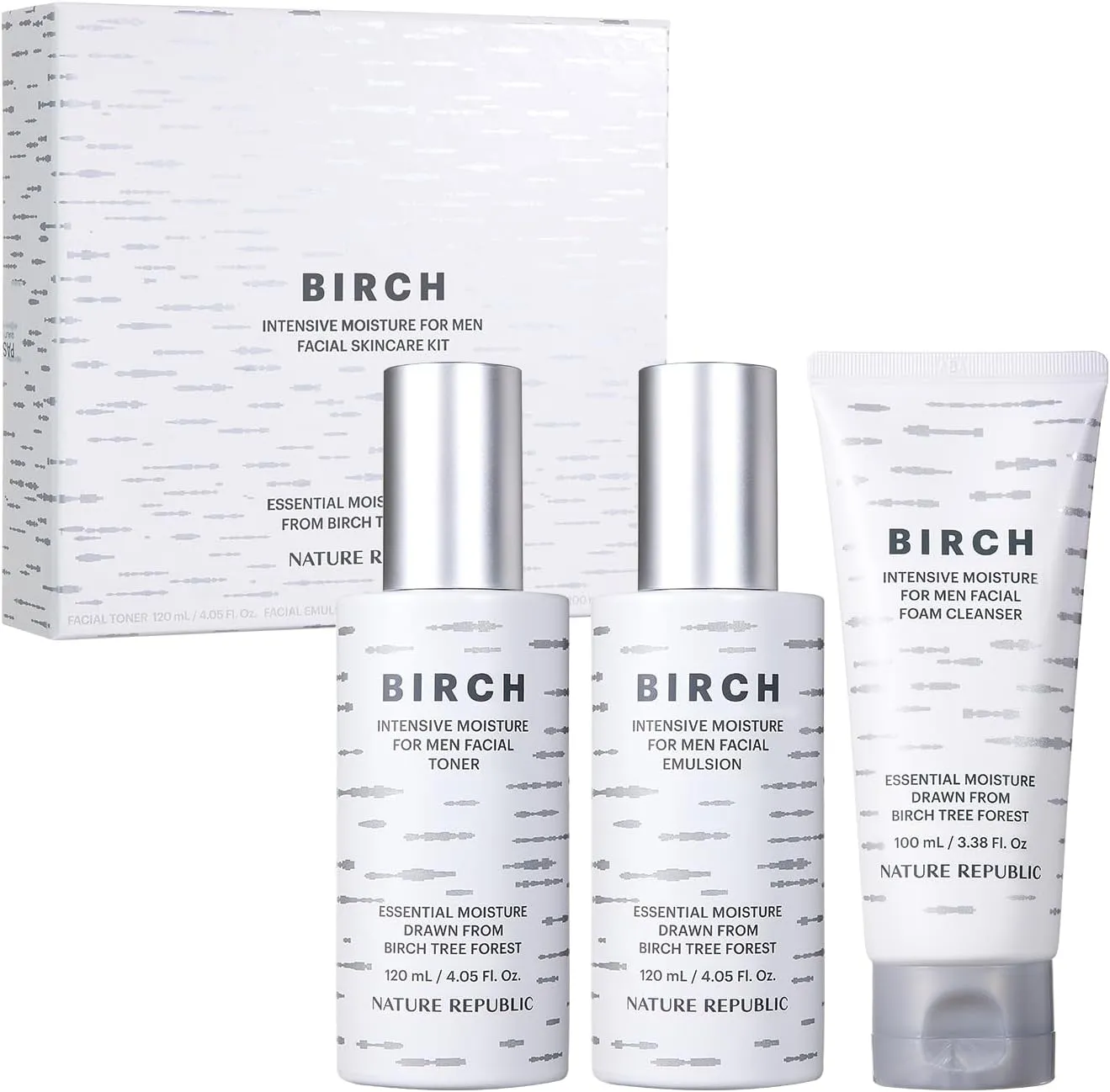 Nature Republic Birch Intensive for Men Skin Care Kit, Face Wash & Moisturizer for Hydrated Skin, Facial Toner (4.05 Fl.Oz) Emulsion (4.05 Fl.Oz) Cleaner (3.38 Fl.Oz), Korean Gift Sets