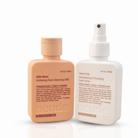 Ne.ude Peptide & Milk Face Cleanser & Toner Combo with Gentle Whipped Cream Cleanser Peptides & Rehydrating Toner with Whey Protein Milk Peptides for Sensitive Acne-Prone Skin Hydration & Care