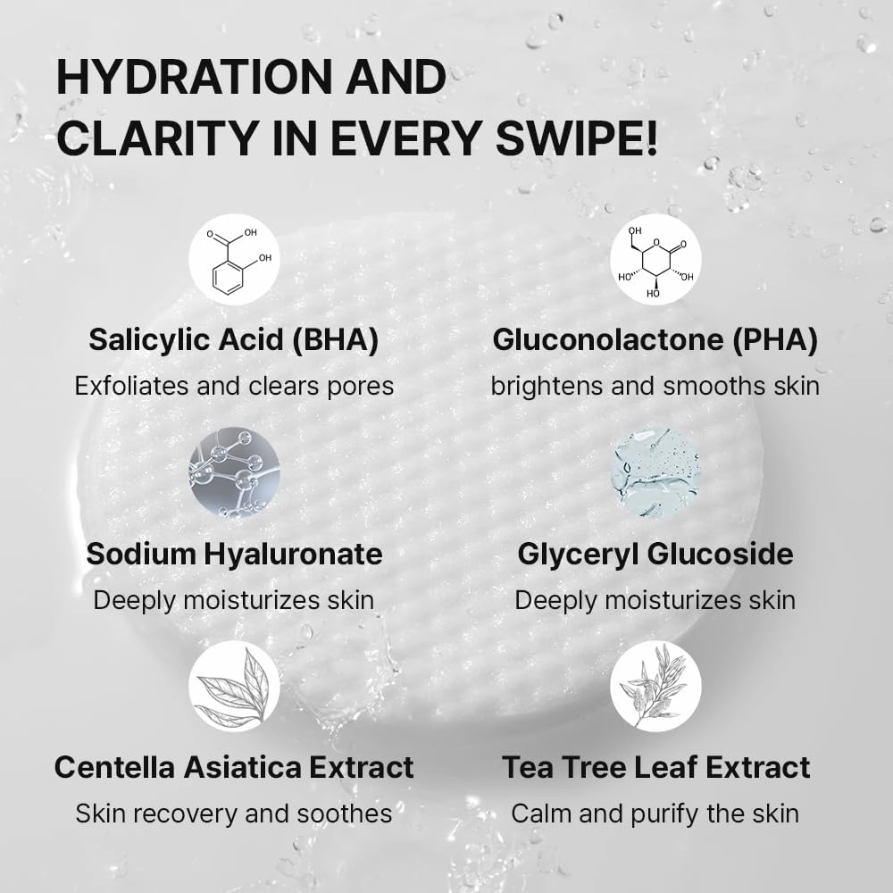 Needly Daily Toner Pad, Exfoliating Facial Pads with BHA & PHA, Deep Hydration, Pore Minimizer for Face, Centella, Tea Tree, High Volume Essence, Extra Large Cotton Pad, Korean Skin Care (80 Pads)