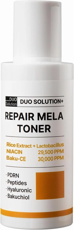 Niacinamade 29,500ppm   Baku-CE 3% Toner, Duo Solution Repair Mela Toner - Rice Extract Lactobacillus, Niacinamade, Bakuchiol 30,000ppm, PDRN, Peptides, Hyaluronic