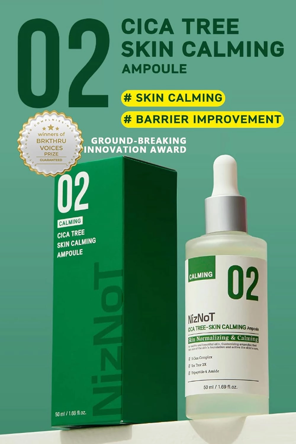 NizNoT 02 Cica Tree Skin Calming Ampoule – Soothing & Repairing with Aging Killer Peptide for Sensitive, Acne-Prone, Redness-Prone Skin – Award-Winning Korean Skincare 1.69 oz