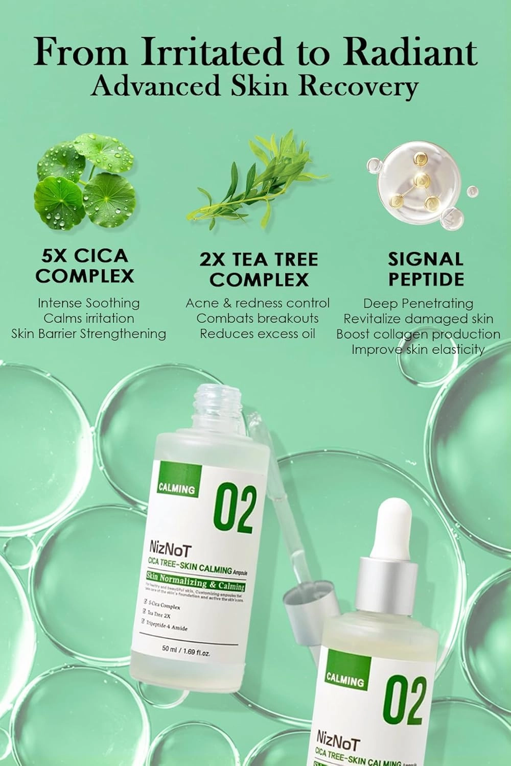 NizNoT 02 Cica Tree Skin Calming Ampoule – Soothing & Repairing with Aging Killer Peptide for Sensitive, Acne-Prone, Redness-Prone Skin – Award-Winning Korean Skincare 1.69 oz