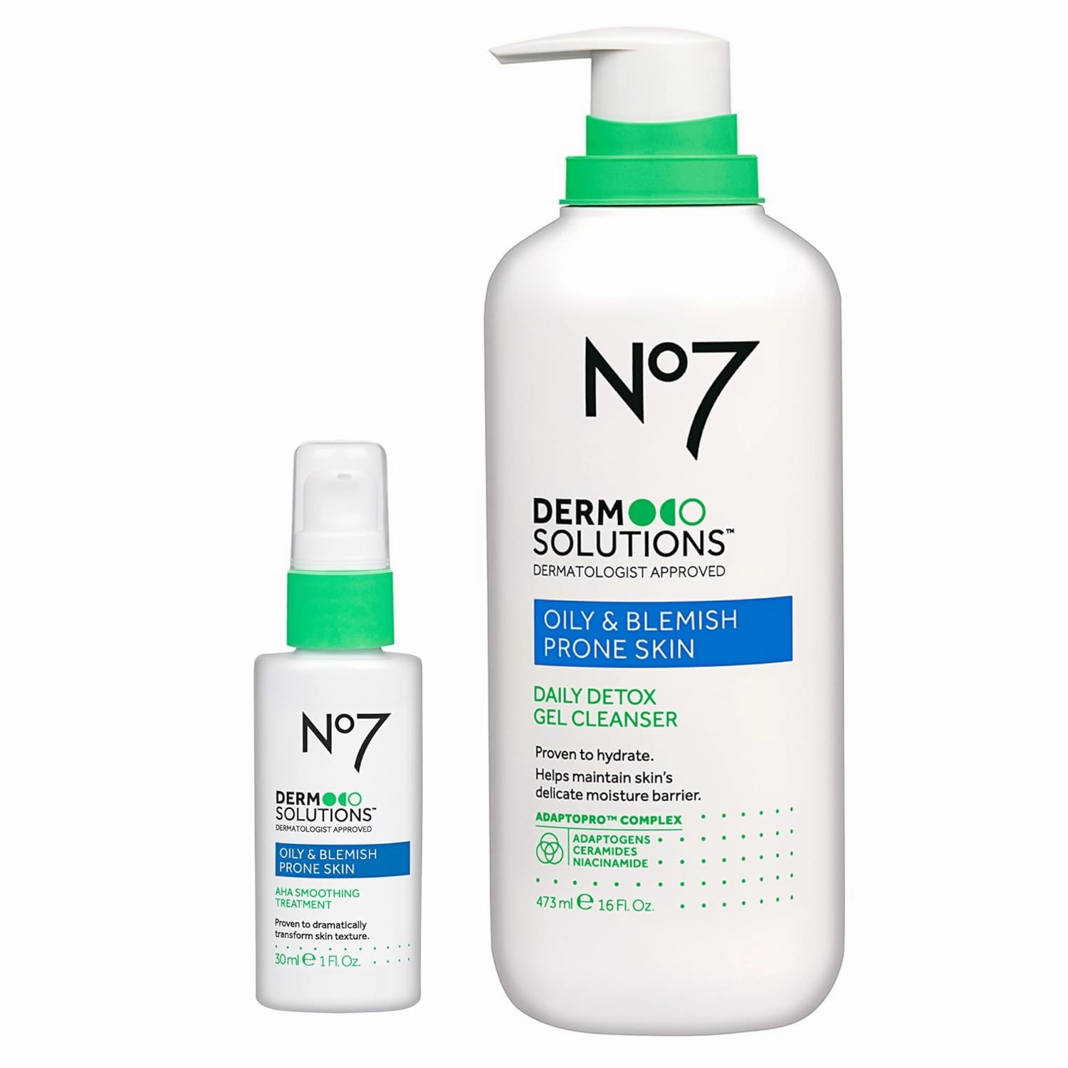 No7 Derm Solutions Pore Refining Duo - Daily Detox Gel Cleanser (16 Fl Oz) & AHA Exfoliant & Face Toner (1 Fl Oz) - for Oily & Blemish-Prone Skin