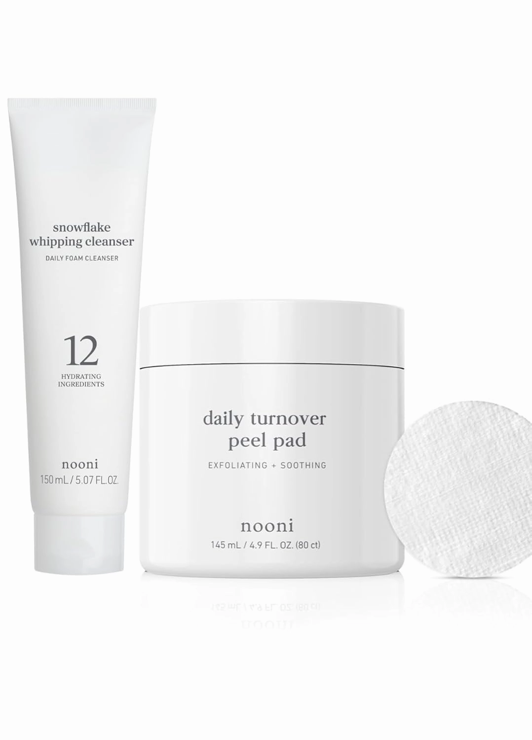 NOONI Facial Toner Pads - Glycolic Acid Pads 80 EA   Face Cleansing - Snowflake Whipping Cleanser, 5.07 FL Oz Bundle