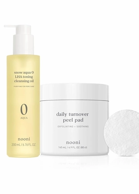 NOONI Facial Toner Pads - Glycolic Acid Pads 80 EA   Facial Cleanser - Snow Aqua 0 LHA Toning Cleansing Oil, 6.76 Fl Oz (200 ml) Bundle