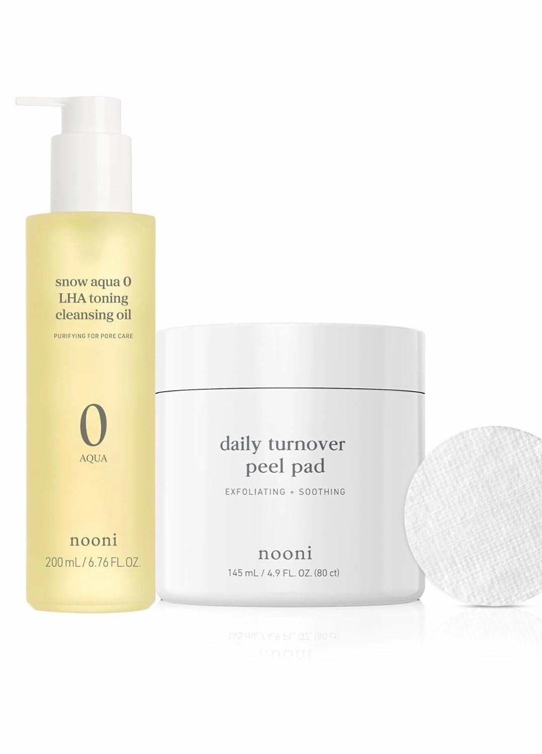 NOONI Facial Toner Pads - Glycolic Acid Pads 80 EA   Facial Cleanser - Snow Aqua 0 LHA Toning Cleansing Oil, 6.76 Fl Oz (200 ml) Bundle