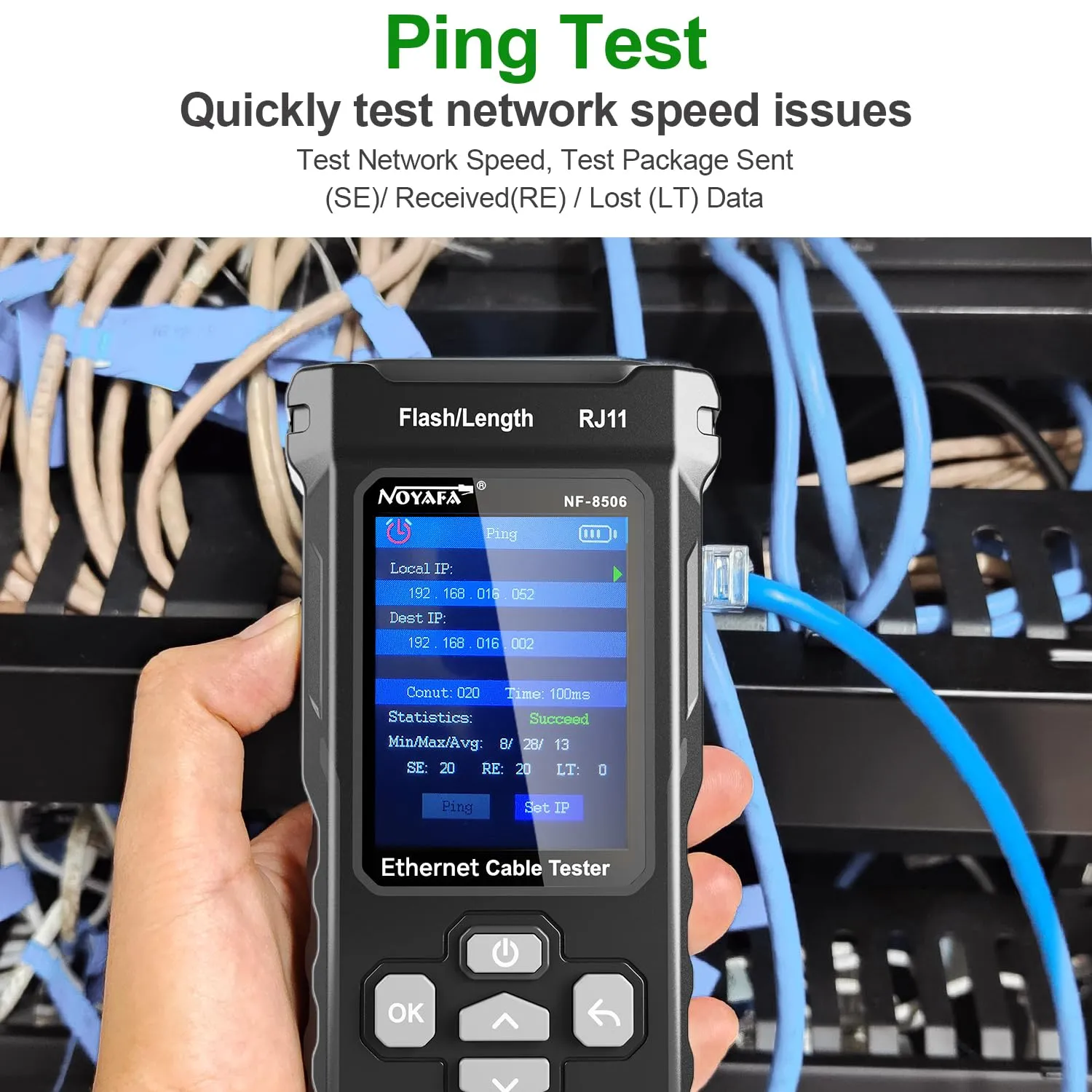 NOYAFA NF-8506 Network Cable Tester with IP Scan, TDR CAT5 CAT6 Ethernet Cable Tester, PoE PingTest, Network Rate Test, Port Flashing, Network Tester Cable Toner for RJ11 RJ45