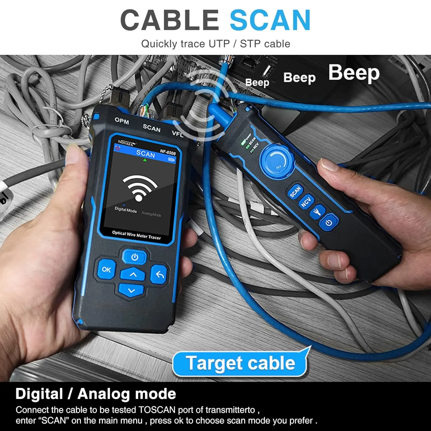 NOYAFA NF-8508 Network Cable Tester with Optical Power Meter, CAT5 CAT6 Cable Toner Ethernet Cable Tester, RJ45 Network Tester, VFL PoE QC Test Wire Tracer Port Flashing 200M Length Test