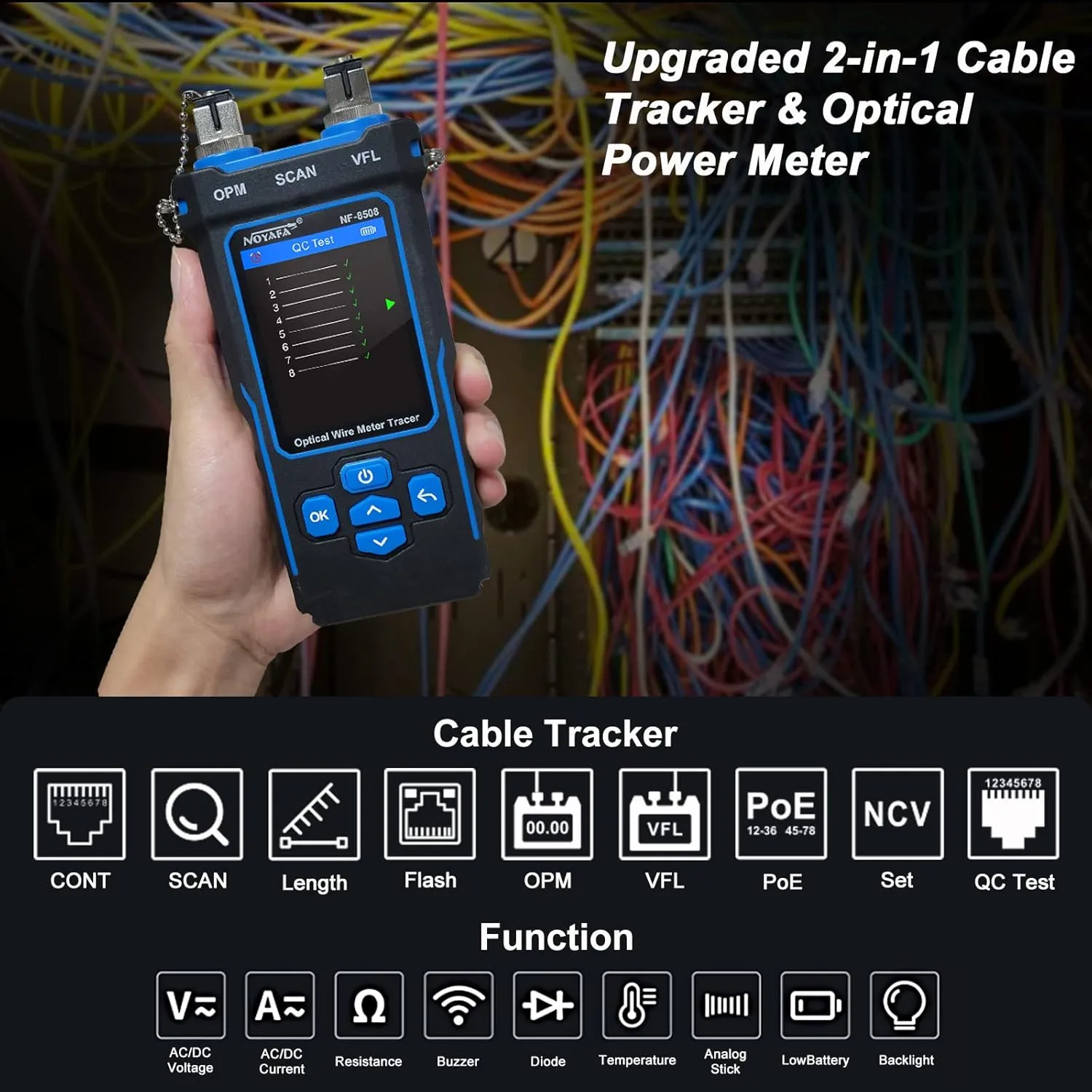 NOYAFA NF-8508 Network Cable Tester with Optical Power Meter, CAT5 CAT6 Cable Toner Ethernet Cable Tester, RJ45 Network Tester, VFL PoE QC Test Wire Tracer Port Flashing 200M Length Test