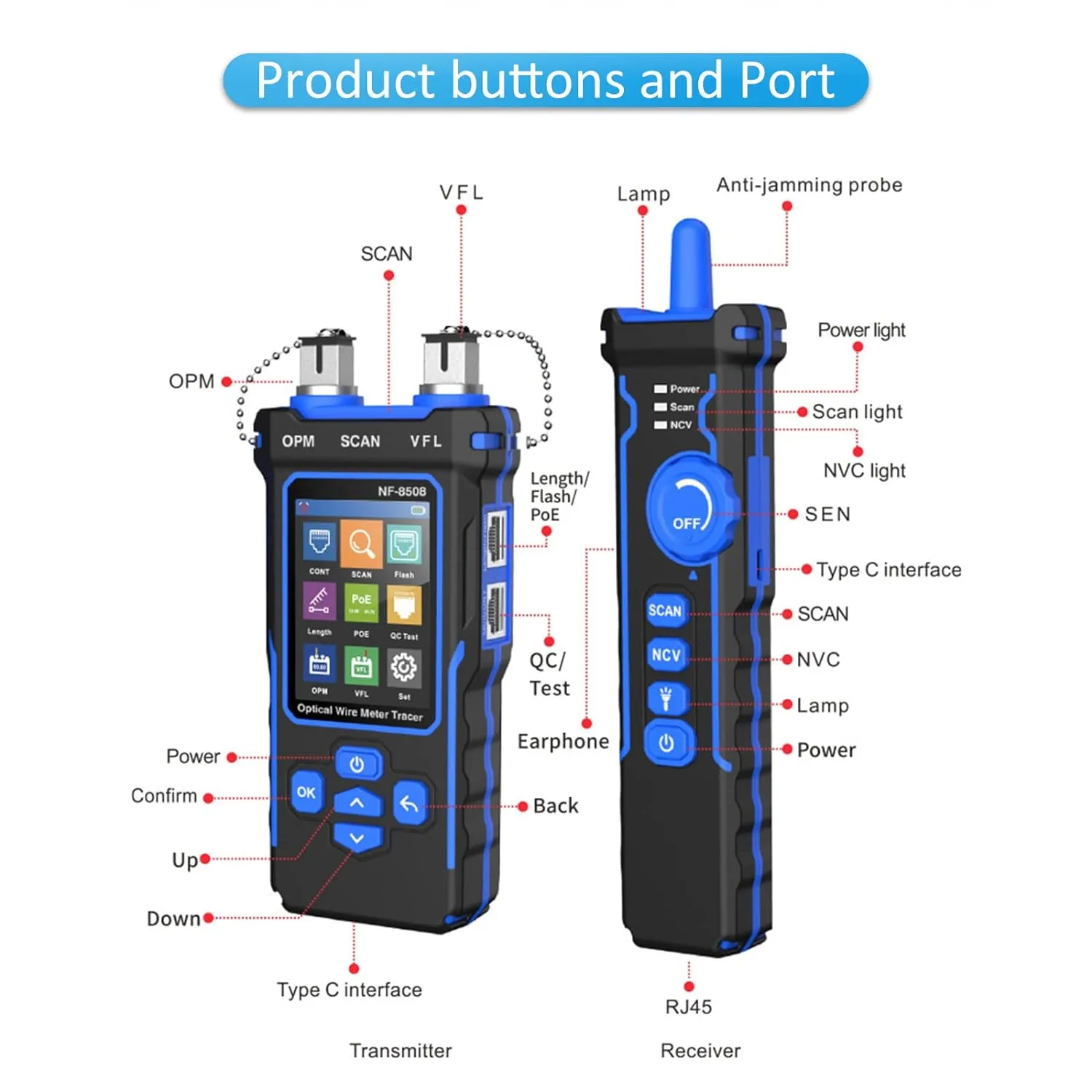 NOYAFA NF-8508 Network Cable Tester with Optical Power Meter, CAT5 CAT6 Cable Toner Ethernet Cable Tester, RJ45 Network Tester, VFL PoE QC Test Wire Tracer Port Flashing 200M Length Test