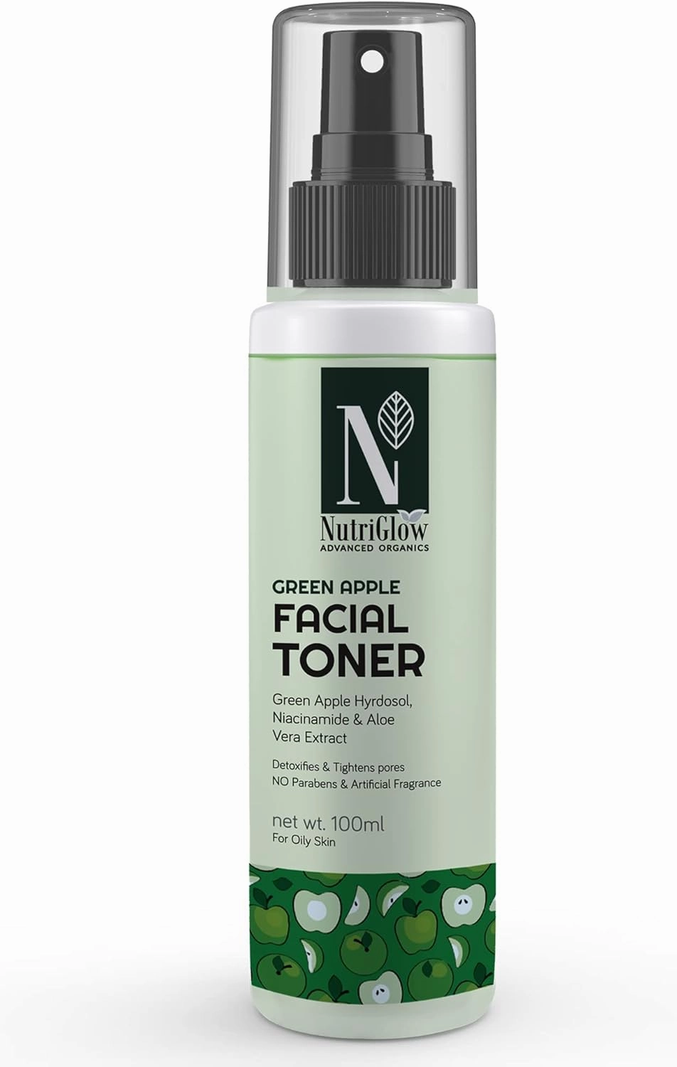 NutriGlow Advanced Organic Green Apple Facial Toner with Green Apple and Alovera Extracts for Anti-Ageing, Reduce Pigmenation, Instant Glowing, All Skin Types, 100 ml