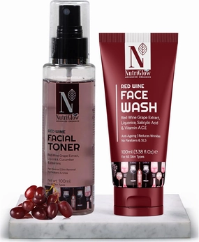 Nutriglow Advanced Organics Red Wine Face Wash with Red Wine Facial Toner for Skin Balancing Anti-Acne Exfoliation Kit for Smooth Refresh Skin Tone, All Skin Types, 100 ml Each, Pack of 2