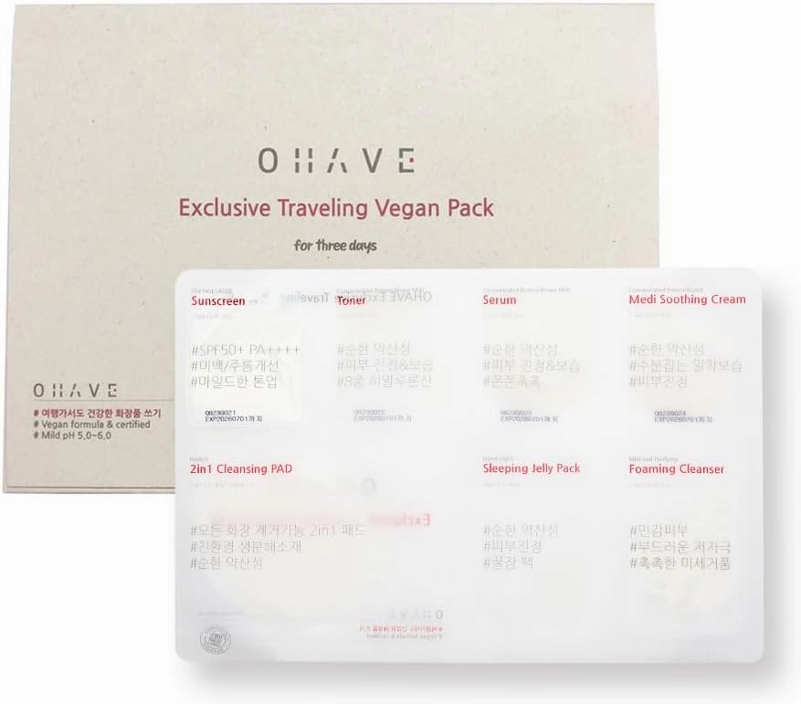OHAVE Travel Cosmetic Case with Vegan Skincare Essentials – Compact Skincare Organizer with Cleanser, Moisturizer, Serum & Toner – Cruelty-Free, Eco-Friendly, Portable Size Fro 3 Pack