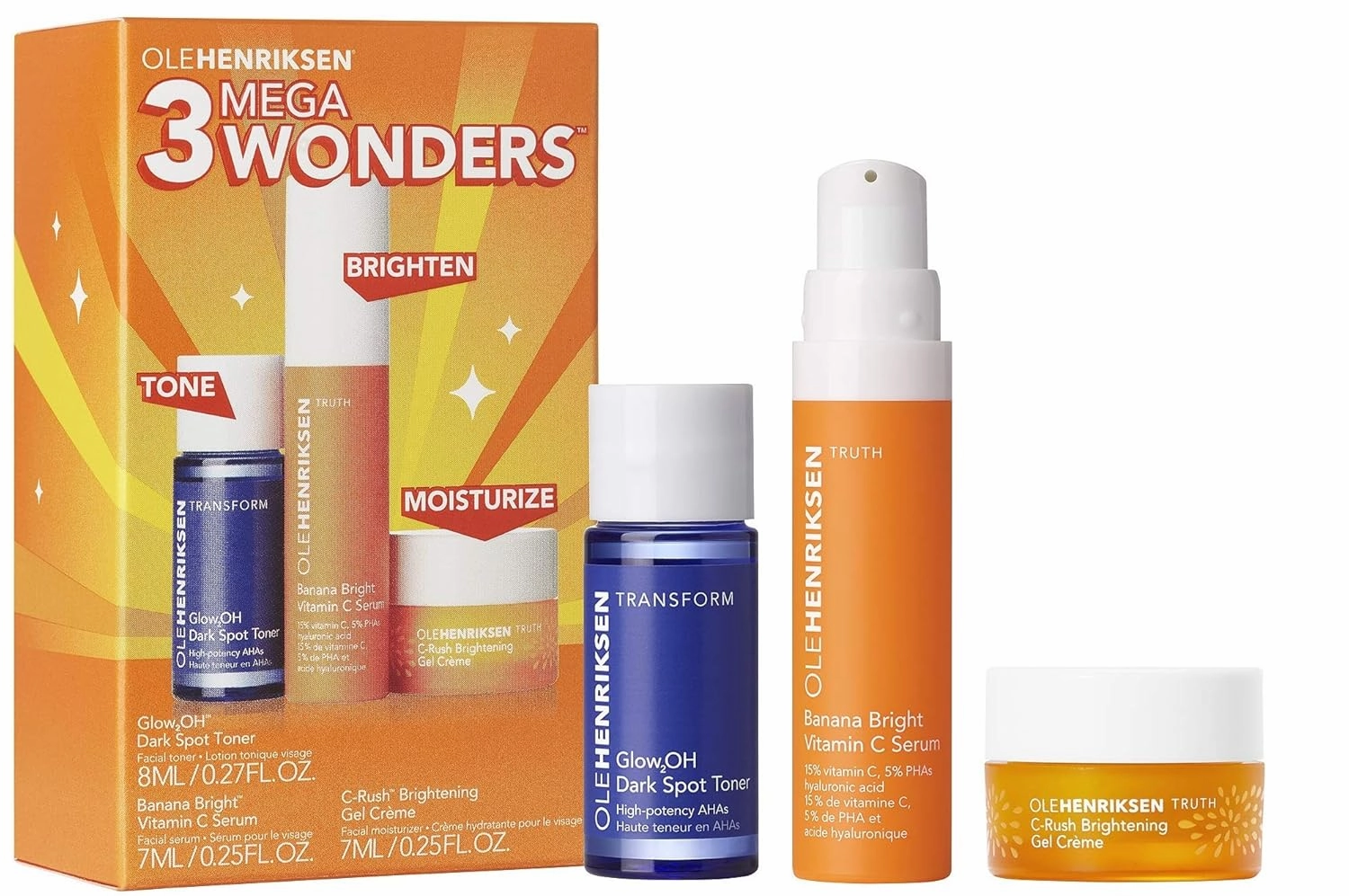 Ole Henriksen Mini 3 Mega Wonders - Banana Bright Vitamin C Serum, Glow2OH Dark Spot Toner, C-Rush Brightening Gel Cream