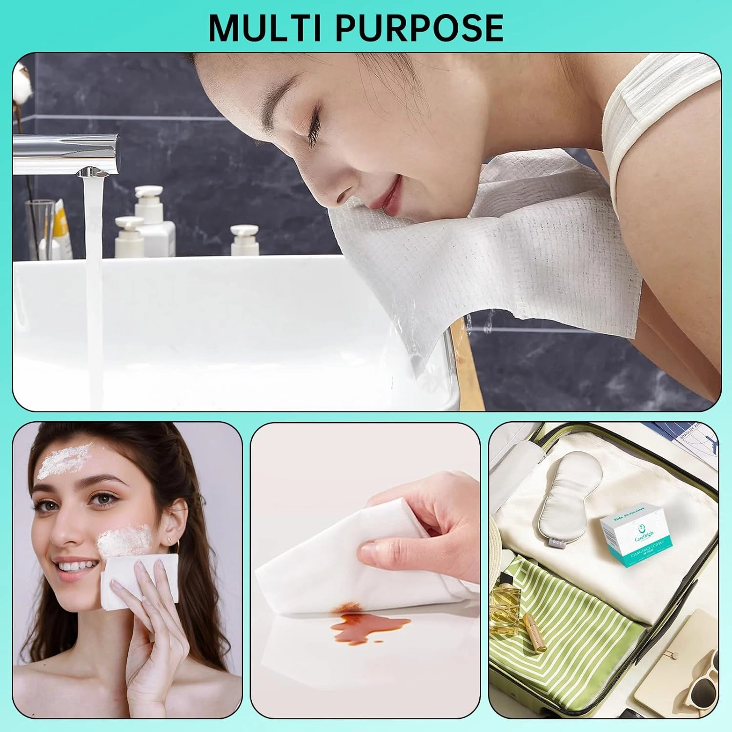 ONLYCARE Disposable Face Towel, Biodegradable, 10" x 12" Super Thick Soft Facial Towels, 100 Count Face Towelettes for Sensitive Skin, Makeup Remover Dry Wipes, 2 Pack