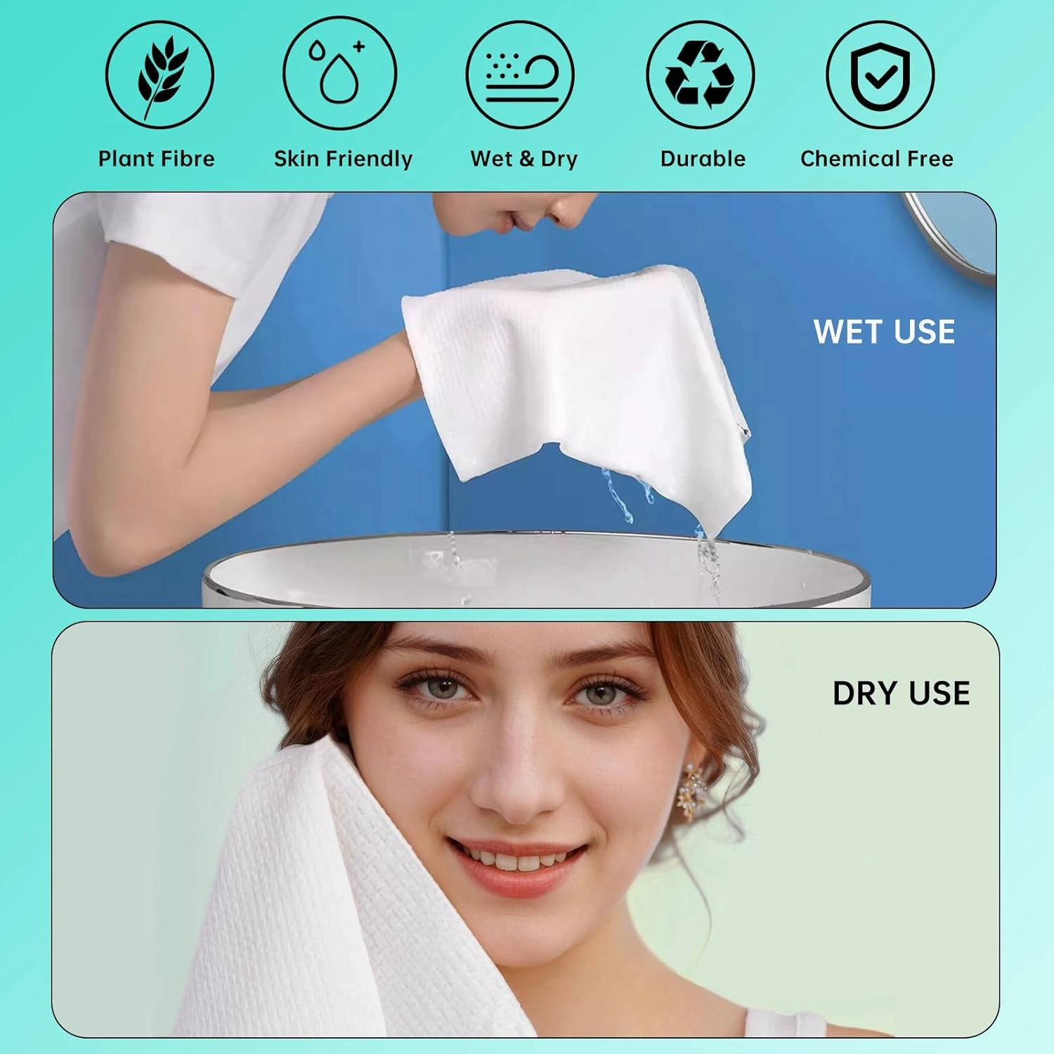 ONLYCARE Disposable Face Towel, Biodegradable, 10" x 12" Super Thick Soft Facial Towels, 100 Count Face Towelettes for Sensitive Skin, Makeup Remover Dry Wipes, 2 Pack