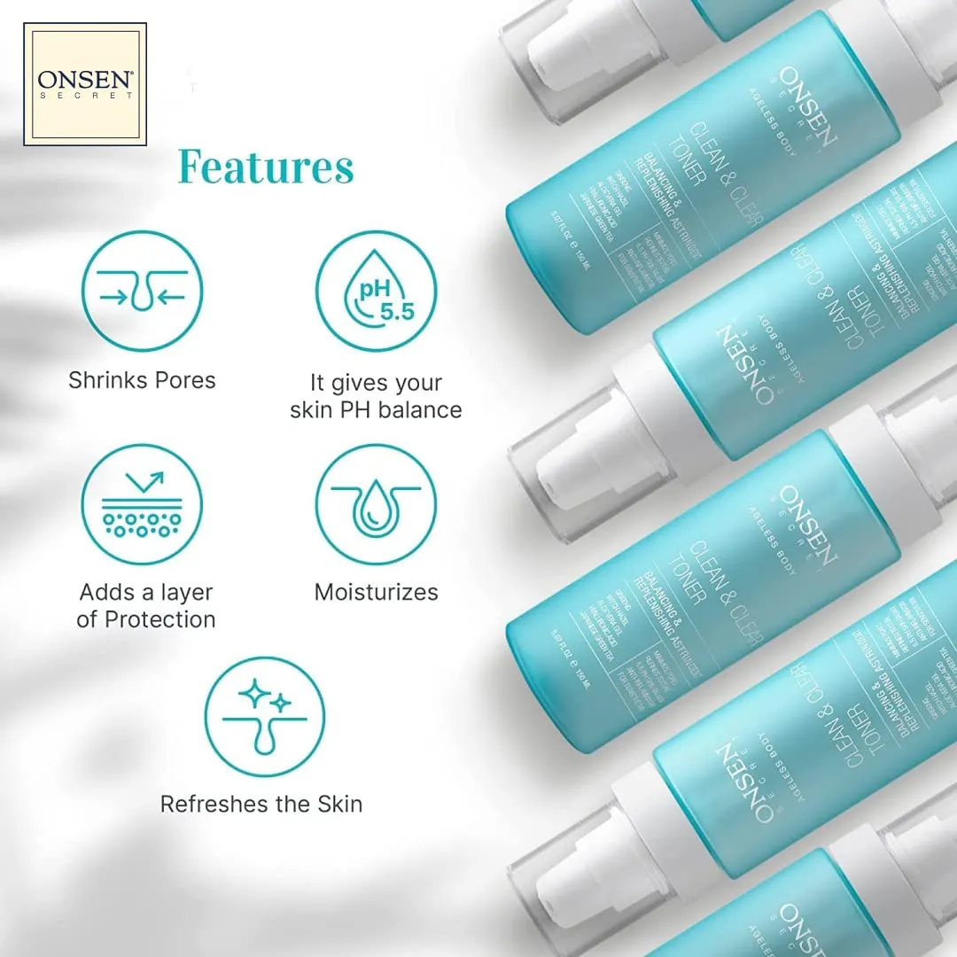 Onsen Secret Clean & Clear Face Toner - Balancing & Replenishing Astringent Daily Perfecting & Revitalizing Toner w/Witch Hazel, Aloe Vera, Green Tea, Alcohol-Free, Skin Care Toner for Face