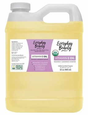 Organic Vitamin E Oil - Bulk 32 oz Heavenly Lavender Scented USDA Certified 100% All Natural Plant Based - Great for Scars After Surgery - For Face, Skin and Nails - Reduce Wrinkles, Anti Aging
