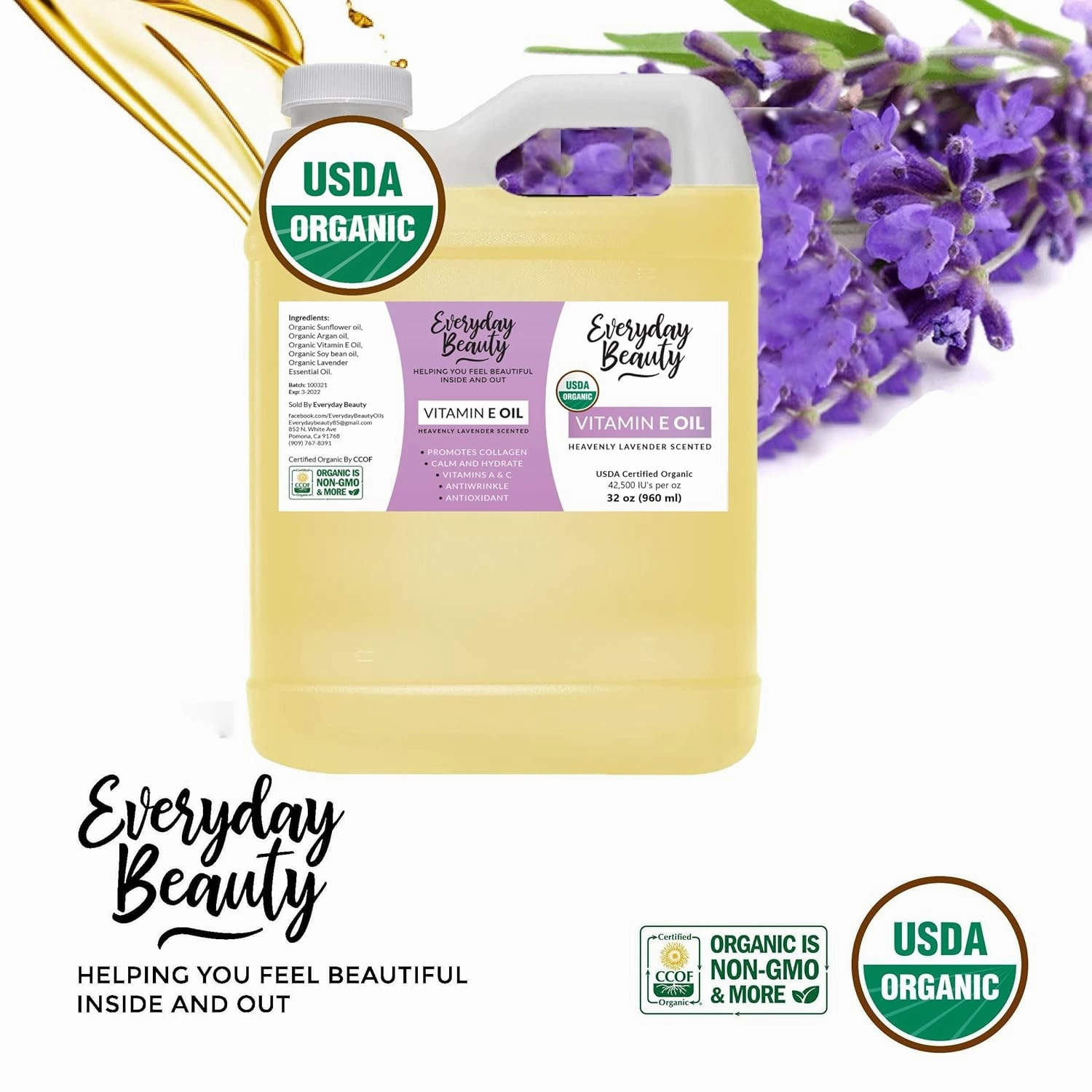 Organic Vitamin E Oil - Bulk 32 oz Heavenly Lavender Scented USDA Certified 100% All Natural Plant Based - Great for Scars After Surgery - For Face, Skin and Nails - Reduce Wrinkles, Anti Aging