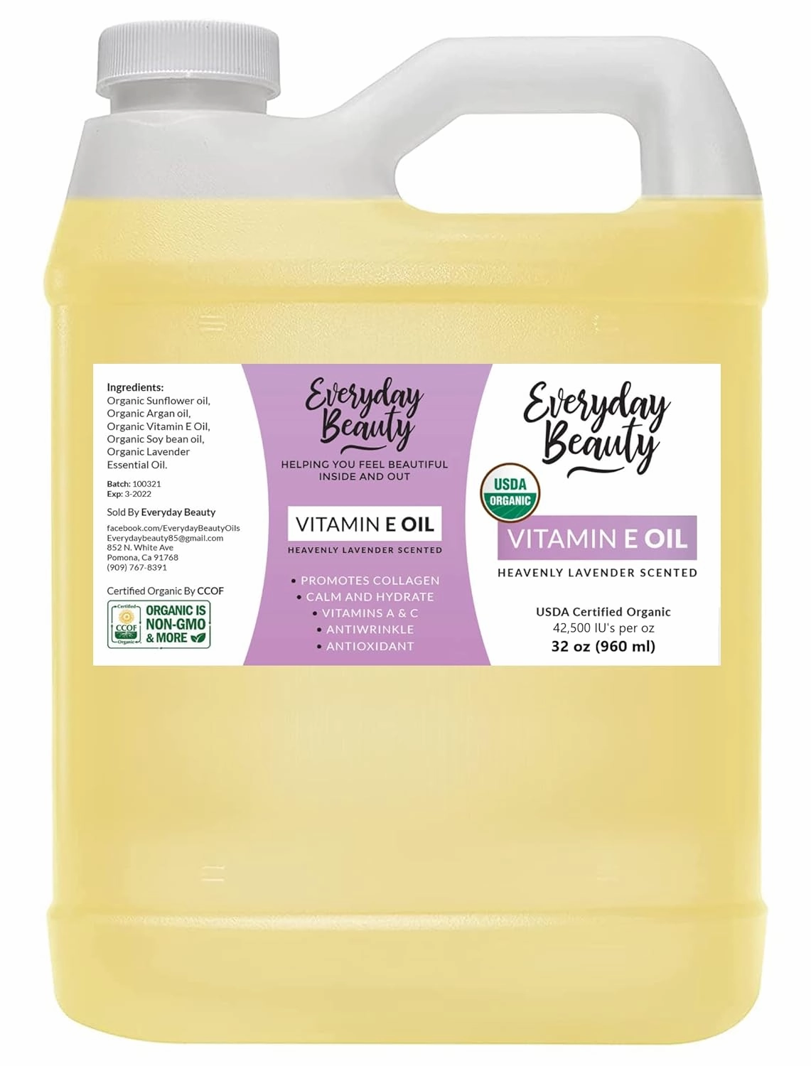 Organic Vitamin E Oil - Bulk 32 oz Heavenly Lavender Scented USDA Certified 100% All Natural Plant Based - Great for Scars After Surgery - For Face, Skin and Nails - Reduce Wrinkles, Anti Aging