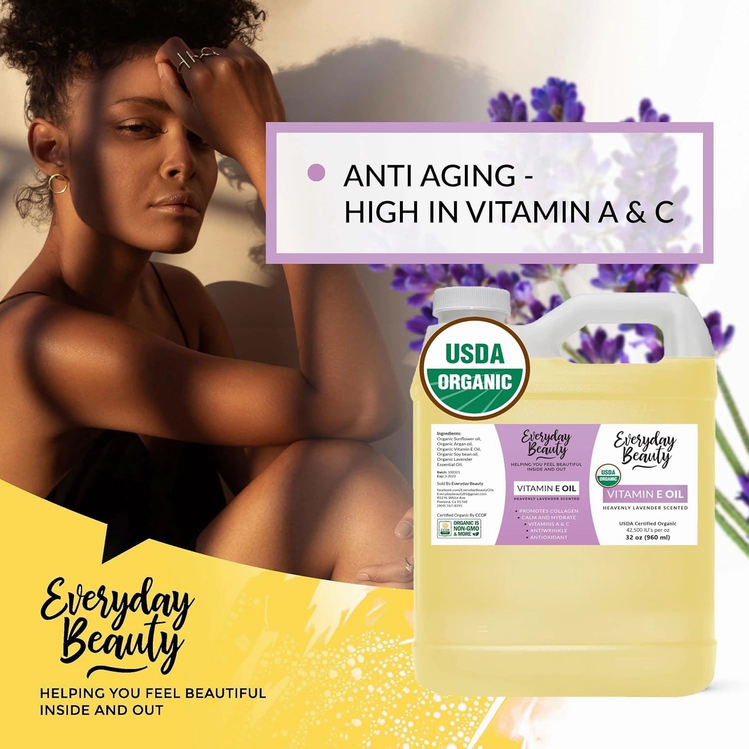 Organic Vitamin E Oil - Bulk 32 oz Heavenly Lavender Scented USDA Certified 100% All Natural Plant Based - Great for Scars After Surgery - For Face, Skin and Nails - Reduce Wrinkles, Anti Aging