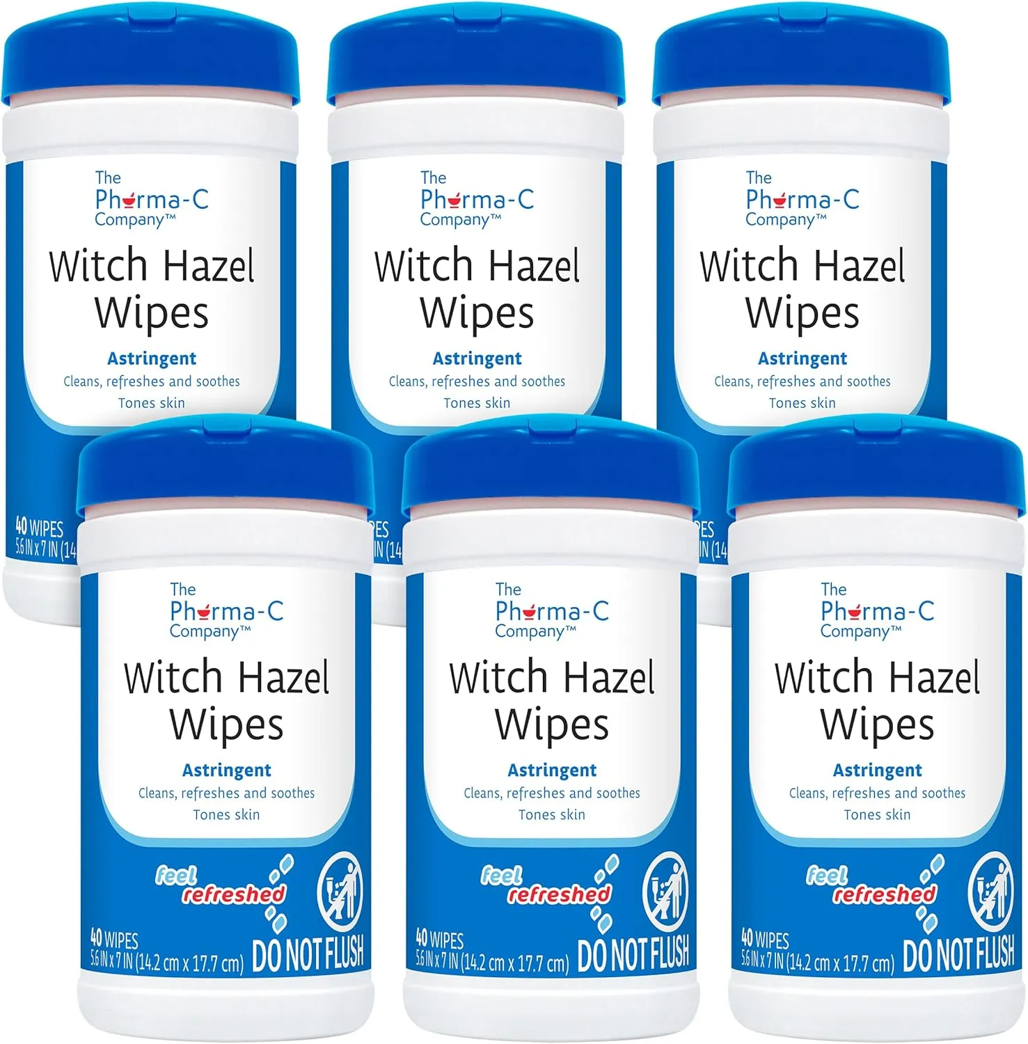 Pharma-C Witch Hazel Wipes [6 canisters] - Daily Toner & Astringent Cleansing Cloths for Face