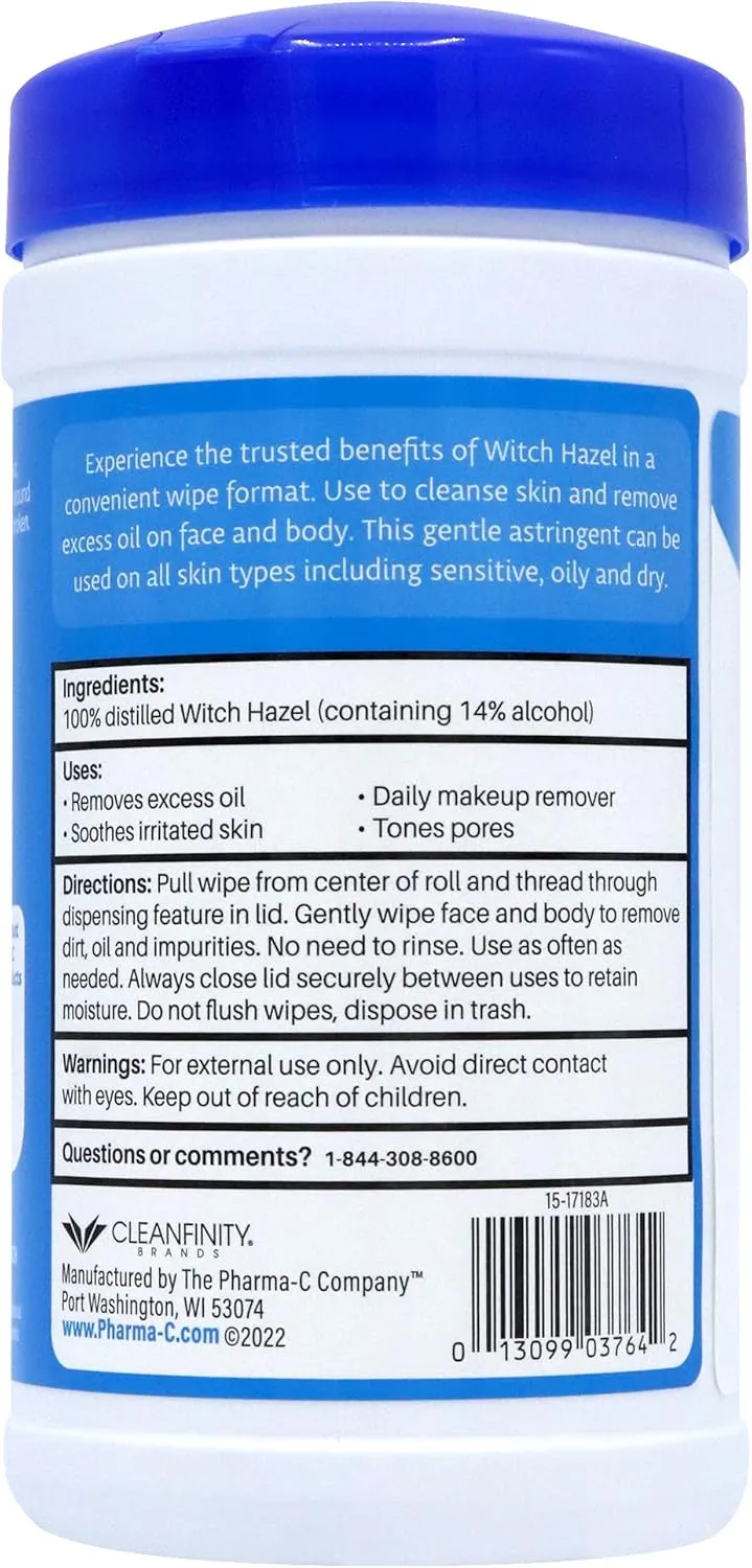 Pharma-C Witch Hazel Wipes [6 canisters] - Daily Toner & Astringent Cleansing Cloths for Face