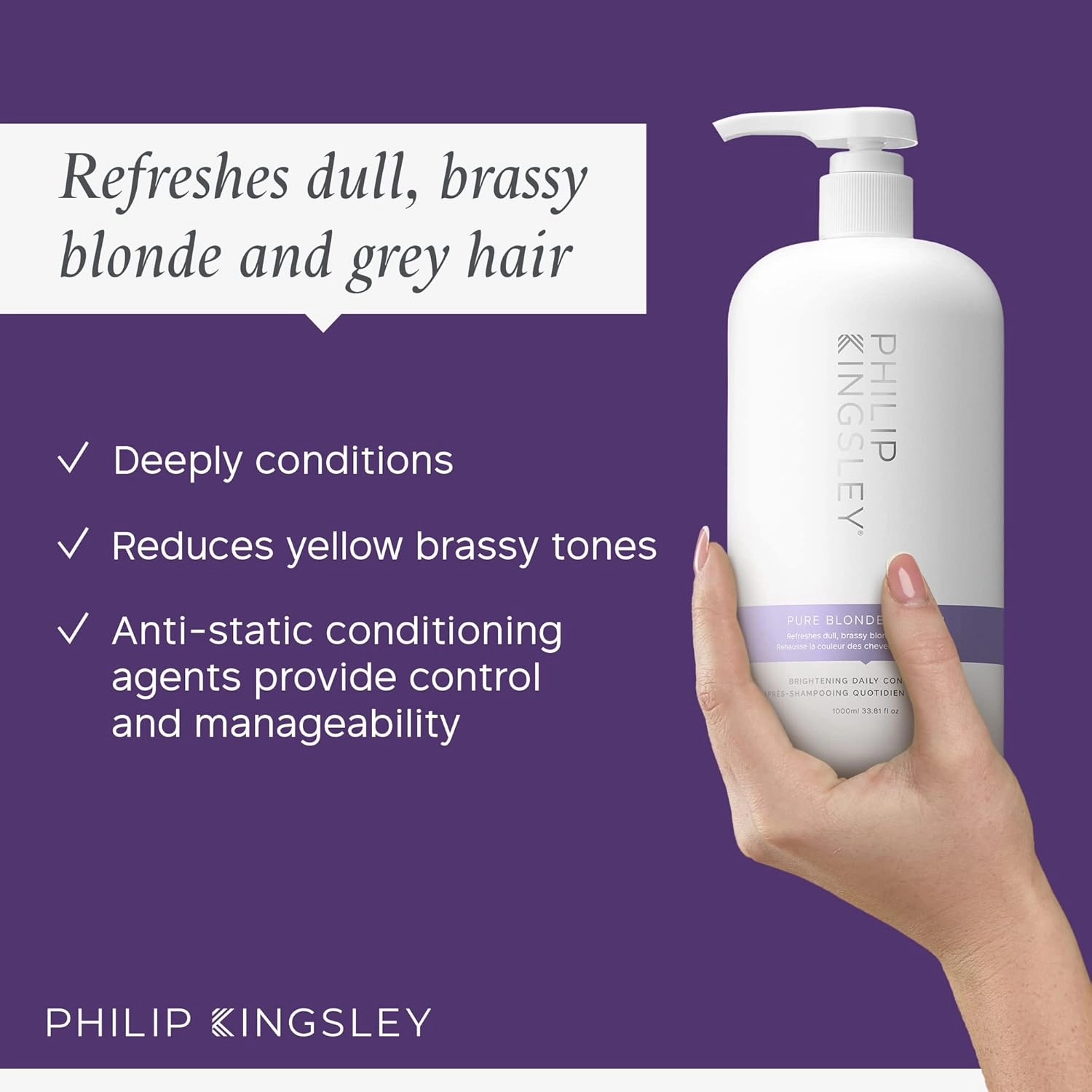 PHILIP KINGSLEY Pure Blonde/Silver Brightening Daily Purple Conditioner for Blonde Gray Brassy Colored Highlighted Bleached Hair Toner for Orange Brassiness and Yellow Tones, 33.8 oz