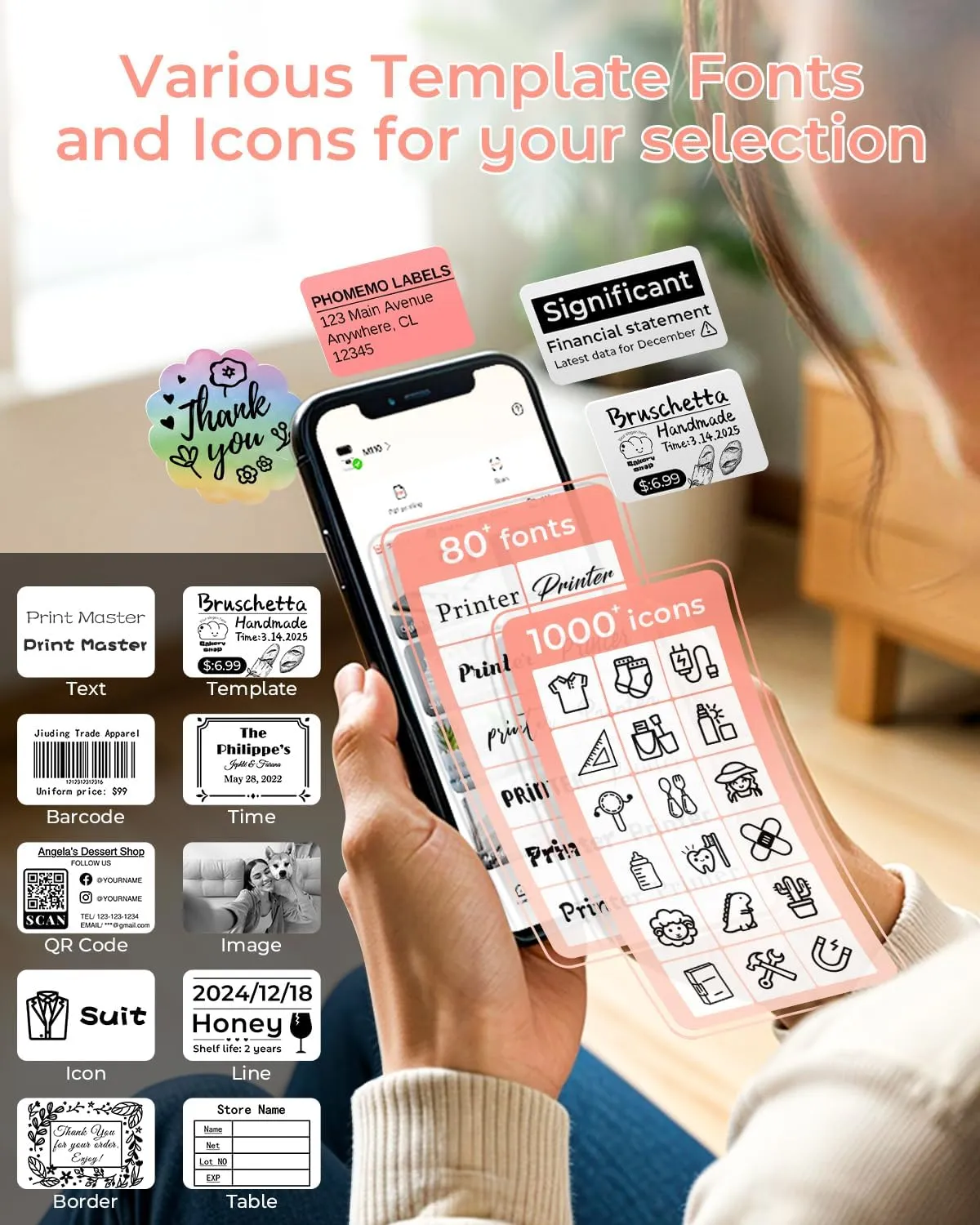 Phomemo Label Printer - M110 Thermal Label Printer Barcode Label Maker Mini Bluetooth Sticker Printer for Small Business, Home, Office, Logo, Address, Name Tag, Clothing, Organizing, Pink