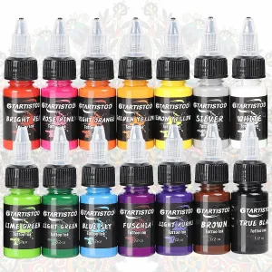 Professional Tattoo Ink Color Set 14 Colors 1/2OZ (14 Colors, 15ml) Vegan-Friendly Pigment Tattoo Ink Supplies Ink...