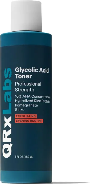QRxLabs Glycolic Acid Toner – Exfoliating 10% AHA Toning Solution with Witch Hazel, Pomegranate & Ginkgo Extracts – Helps Remove Impurities & Visibly Improve Skin Tone and Texture