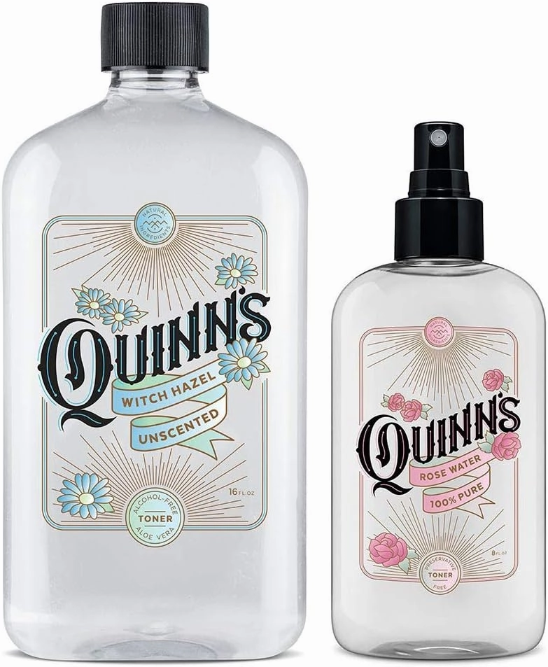 Quinn's Alcohol Free Unscented Witch Hazel with Aloe Vera 16oz & Quinn’s Alcohol Free Facial Toner Mist with Pure Rosewater 8oz