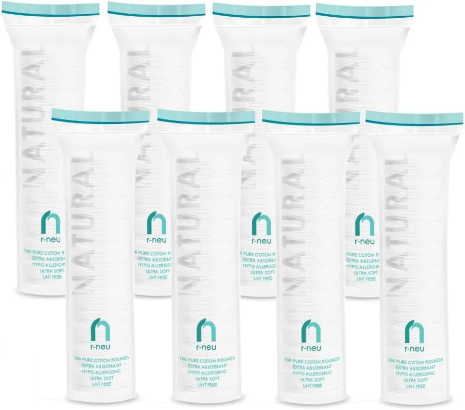 R-Neu Premium [Turkish] Cotton Rounds, 800 Count, Stitched, Waffle Textured, 100% Pure & Natural Cotton Pads for Face, Hypoallergenic Makeup Remover (8 Pack of 100)