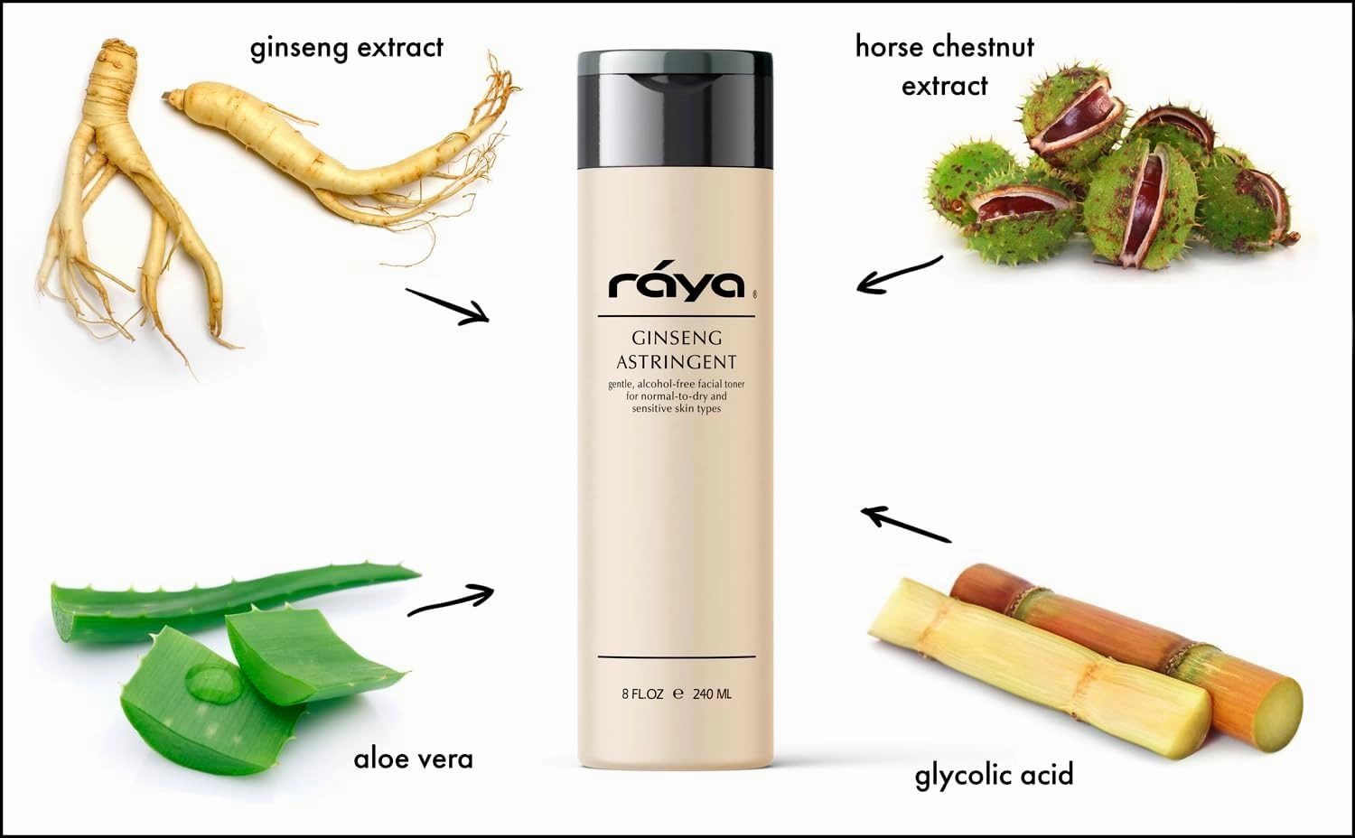 RAYA Ginseng Astringent with AHA 6 oz (G-205) | Gentle Glycolic Facial Toner for Dry and Sensitive Skin | Helps Tighten Pores, Smooth Complexion, and Reduce Fine Lines | Made with Alpha Hydroxy Acids