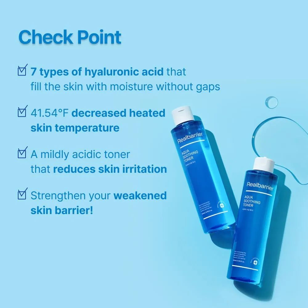 Real Barrier Aqua Soothing Toner 6.76 Fl Oz, Moisturizing to Soothe Heated Skin, Hyaluronic Acid Cooling Soothing Toner, Mildly Acidic Toner with Hypoallergenic Cooling Ingredient, Korean Skincare