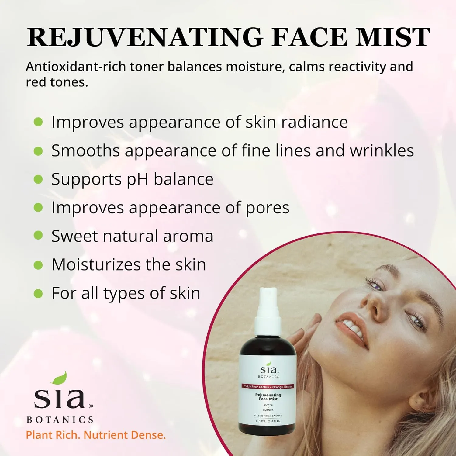 Rejuvenating Face Toner Mist (118ml/4oz Bottle) | Facial Treatment w/Prickly Pear, Aloe Vera, Orange Blossom | Natural, Clean, Botanical Skincare for Women