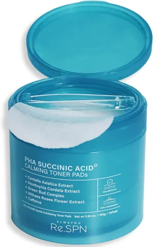 Re.SPN PHA Succinic Acid Calming Toner Pads, Centella, Caffeine, Gluconolactone, Houttuynia Cordata | Exfoliatiing, Sensitive Skin, Glass Skin, Acne, Korean Skin Care | Vegan Gauze Fabric