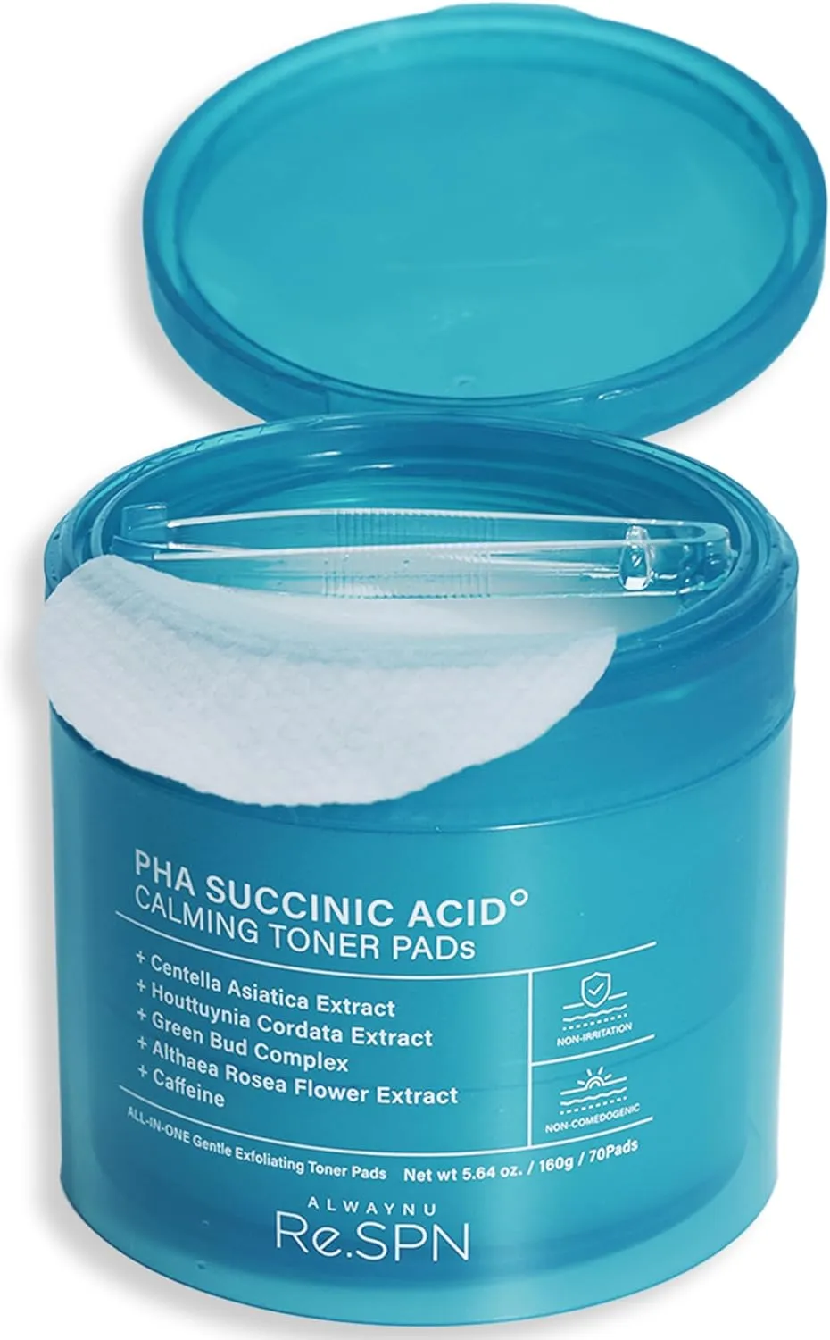 Re.SPN PHA Succinic Acid Calming Toner Pads, Centella, Caffeine, Gluconolactone, Houttuynia Cordata | Exfoliatiing, Sensitive Skin, Glass Skin, Acne, Korean Skin Care | Vegan Gauze Fabric