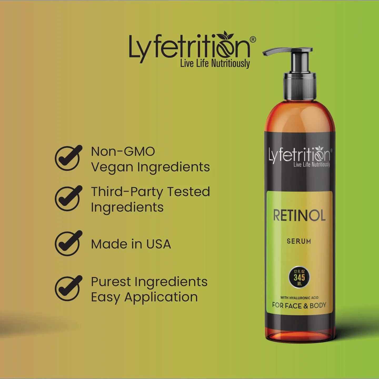 Retinol Acne Serum by Lyfetrition, Infused with Hyaluronic Acid and Vitamin C, Pomegranate & Green Tea,Face toner, Reduce Wrinkles, Pores and Fine Lines, Moisturize & Supple Skin, (12 FL oz)