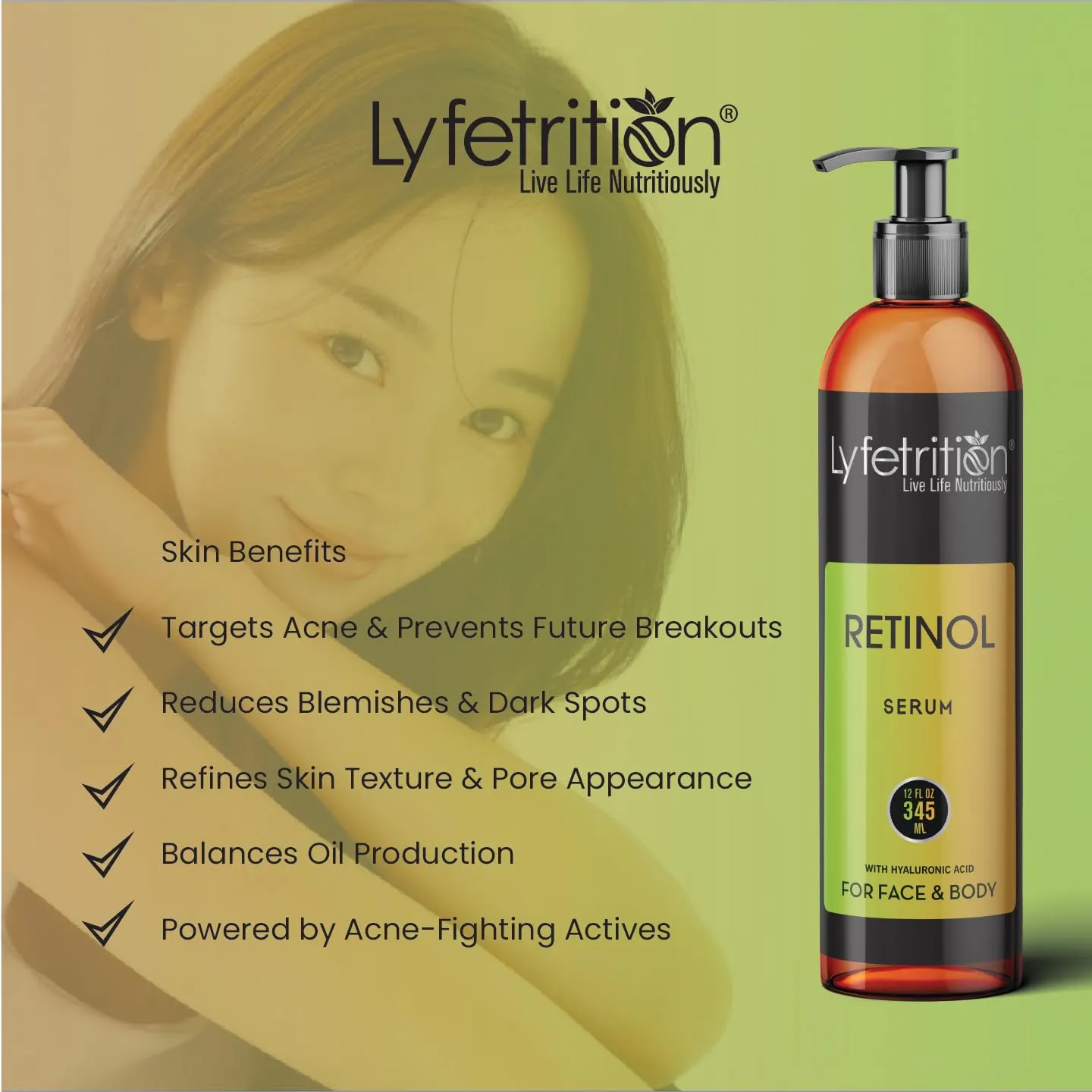 Retinol Acne Serum by Lyfetrition, Infused with Hyaluronic Acid and Vitamin C, Pomegranate & Green Tea,Face toner, Reduce Wrinkles, Pores and Fine Lines, Moisturize & Supple Skin, (12 FL oz)