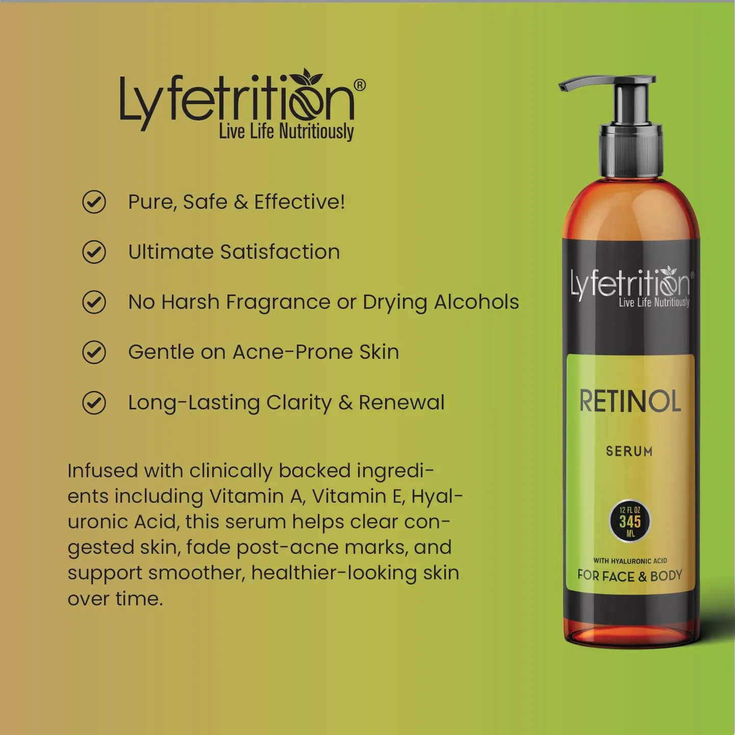 Retinol Acne Serum by Lyfetrition, Infused with Hyaluronic Acid and Vitamin C, Pomegranate & Green Tea,Face toner, Reduce Wrinkles, Pores and Fine Lines, Moisturize & Supple Skin, (12 FL oz)