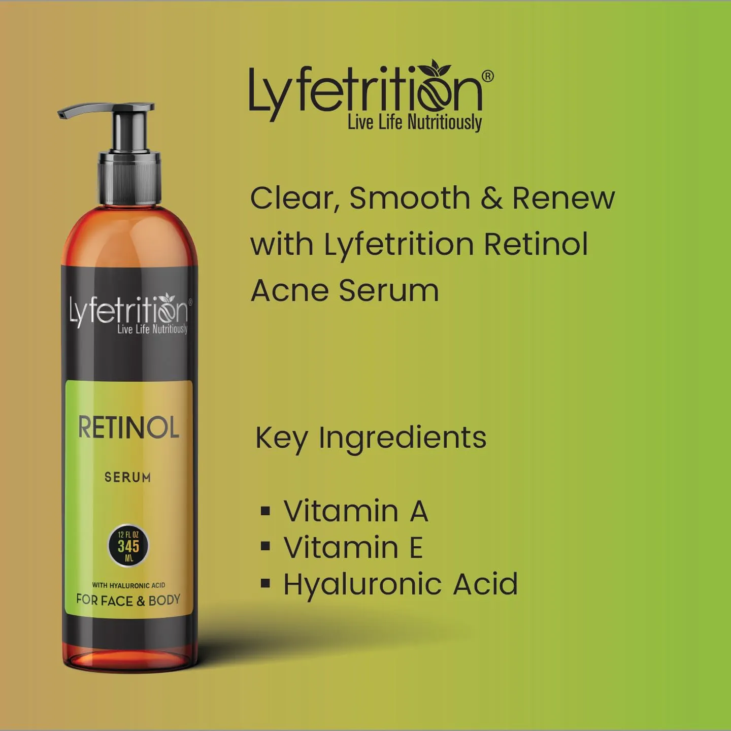 Retinol Acne Serum by Lyfetrition, Infused with Hyaluronic Acid and Vitamin C, Pomegranate & Green Tea,Face toner, Reduce Wrinkles, Pores and Fine Lines, Moisturize & Supple Skin, (12 FL oz)