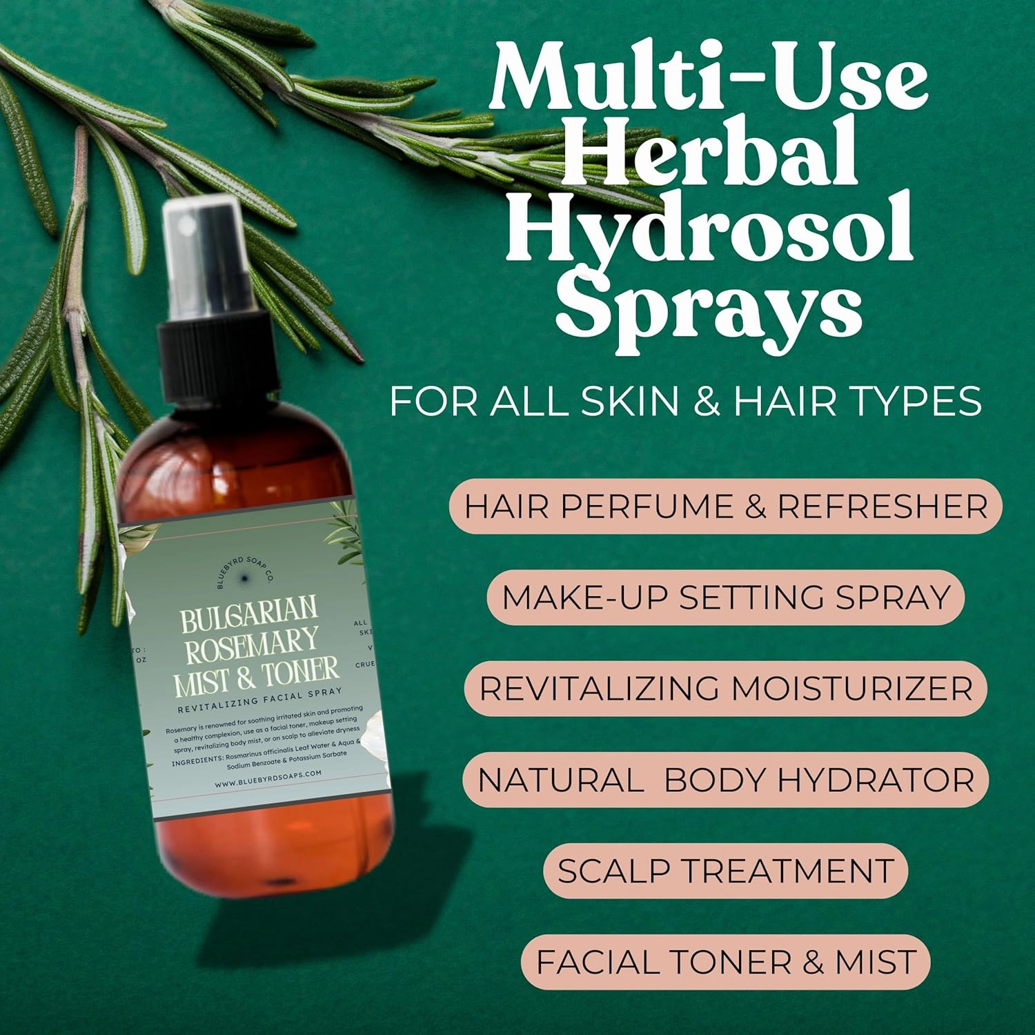 Rosemary Water Spray for Hair Growth – 100% Pure & Natural Rosemary Hydrosol – Scalp & Hair Strengthening Mist – Alcohol-Free, Vegan, and Chemical-Free – Hydrating Face & Body Toner – 8 oz (Rosemary)