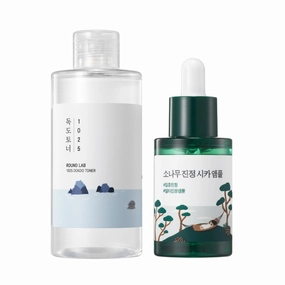 ROUND LAB 1025 Dokdo Toner 150ml Pine Calming Ampoule Set | Hydration Toner, Gentle Exfoliation, Soothing serum for Acne-Prone Skin