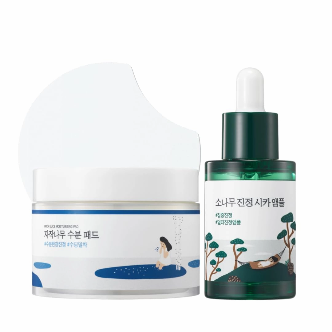 ROUND LAB Birch Juice Moisturizing Pads 80ea   Pine Calming Cica Ampoule Set | intense soothing and hydrating care, morning makeup prep, acne skin serum, toner pads, acne-prone skin