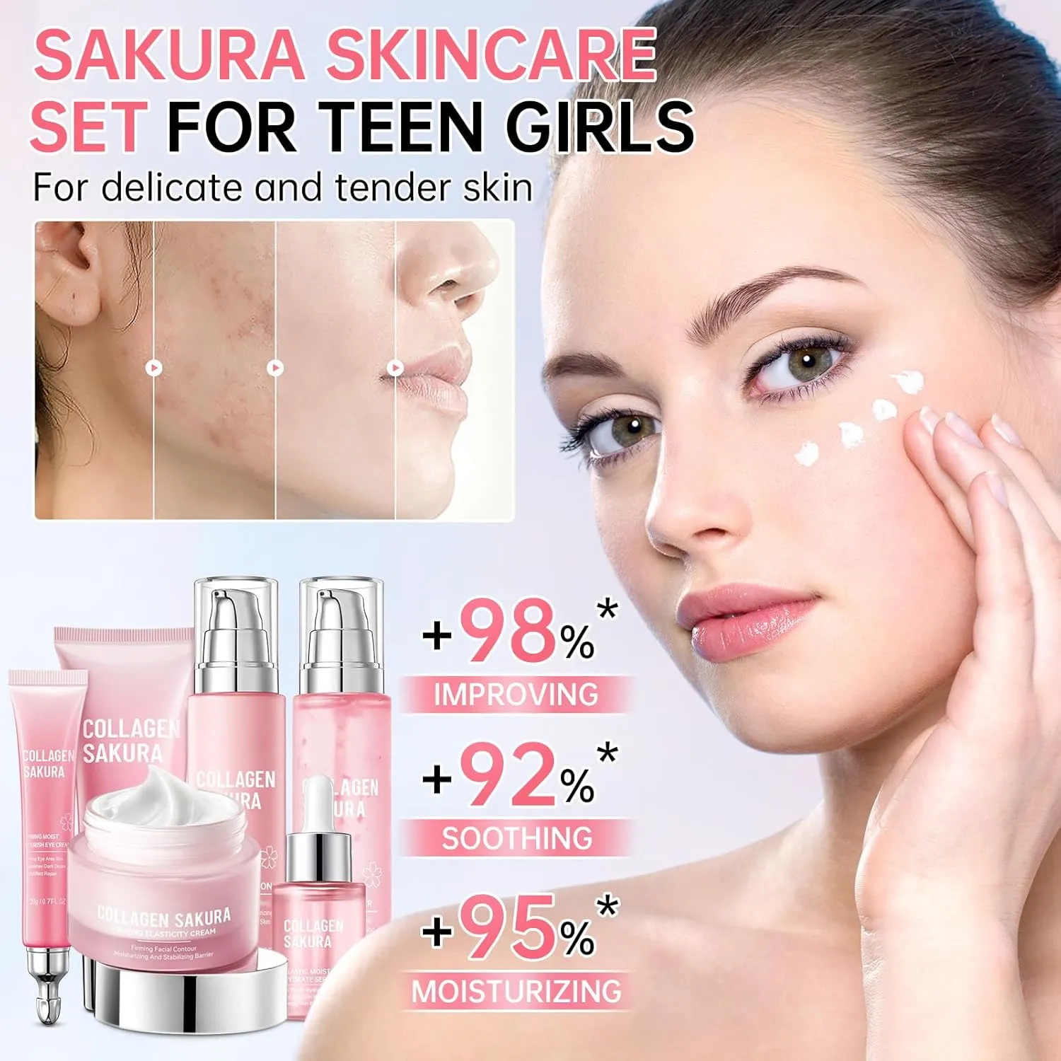 Sakura Skin Care Set for Teen Girls, Cherry Blossom Skincare Gift Set for Teens & Women, Moisturize & Repair Skin, 6 Pcs Collagen Skin Care Kits with Cleanser, Toner, Lotion, Serum, Cream & Eye Cream